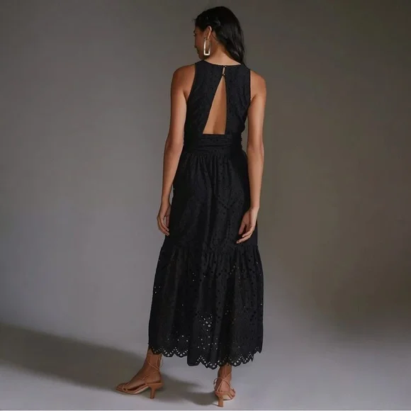 Anthropologie Maeve Eyelet Faux Wrap Midi Dress Size 10 Black Self Tie Belt - Picture 3 of 14